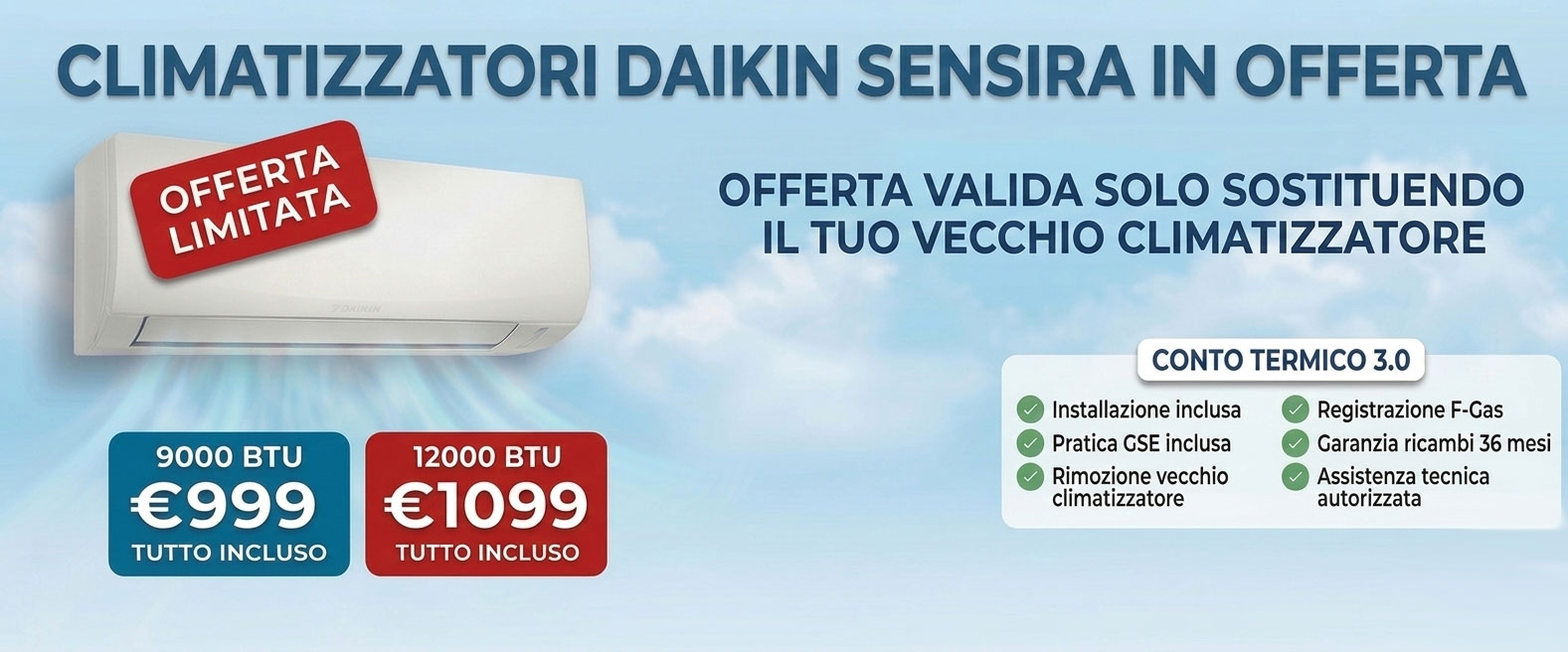 Climatizzatori Daikin Sensira in offerta 9000 e 12000 BTU